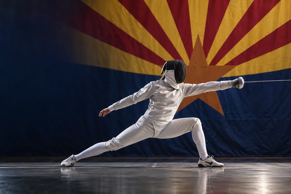 A fencer in full white kit mid-lunge, blade extended, in front of a large Arizona state flag.